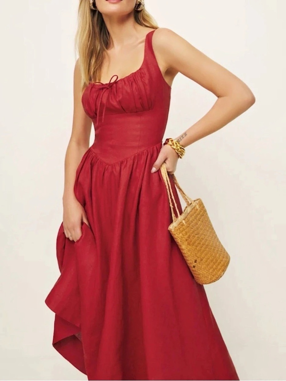 Reformation Balia Linen Dress Red Size 4 Small Italian Sundress Milkmaid